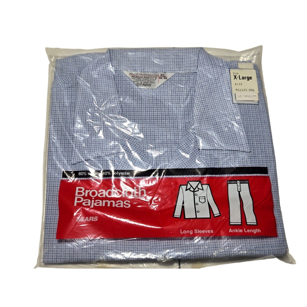 Vintage Sears Perma-Prest Broadcloth Pajamas Mens XL Blue White Check Deadstock